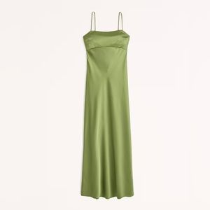 Abercrombie & Fitch Satin Cowl Back Slip Midi Dress in Green